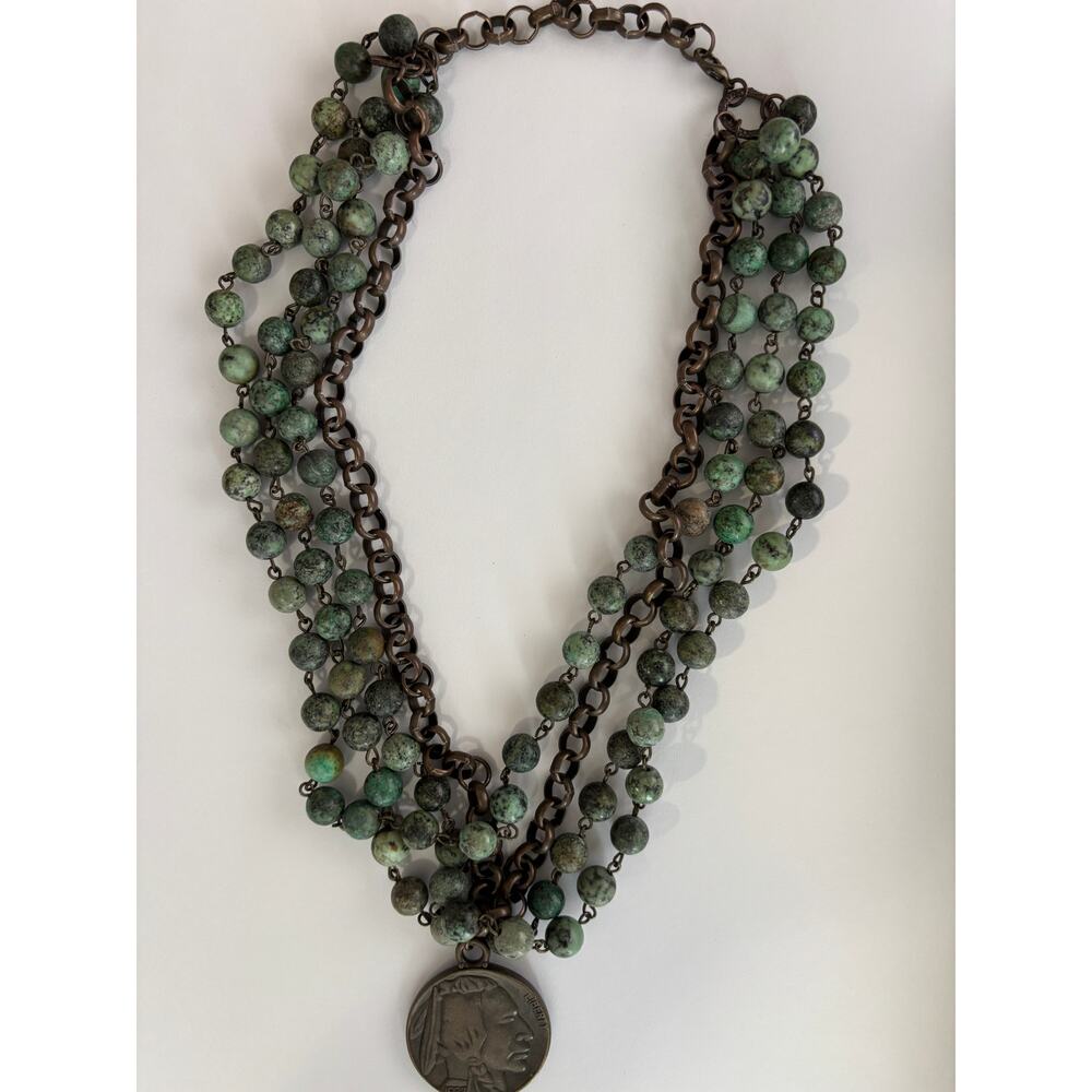 African Green Turquoise Beaded Collar Necklace Bronze Color Coin Pendant